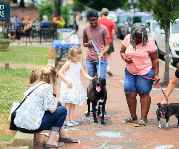 A diverse group of people smiling and looking energetic during an outdoor activity.